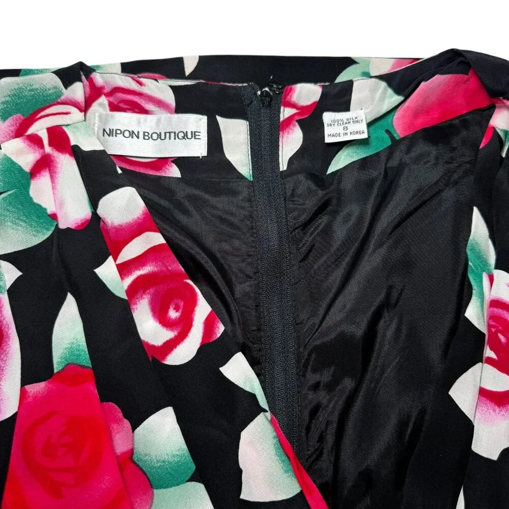 Vintage Nipon Boutique Silk Dress 8 Black Airbrushed‎ Roses Side Bow Wrap Look